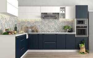 a compact kitchenette with white cabinets