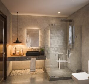 a modern resting room with hanging clothes and towel