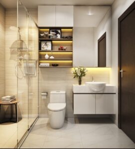 modern and organized bathroom with shelves